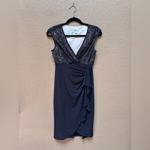 Maggy London Cream and Black Asymmetrical Ruched Midi Dress size 4